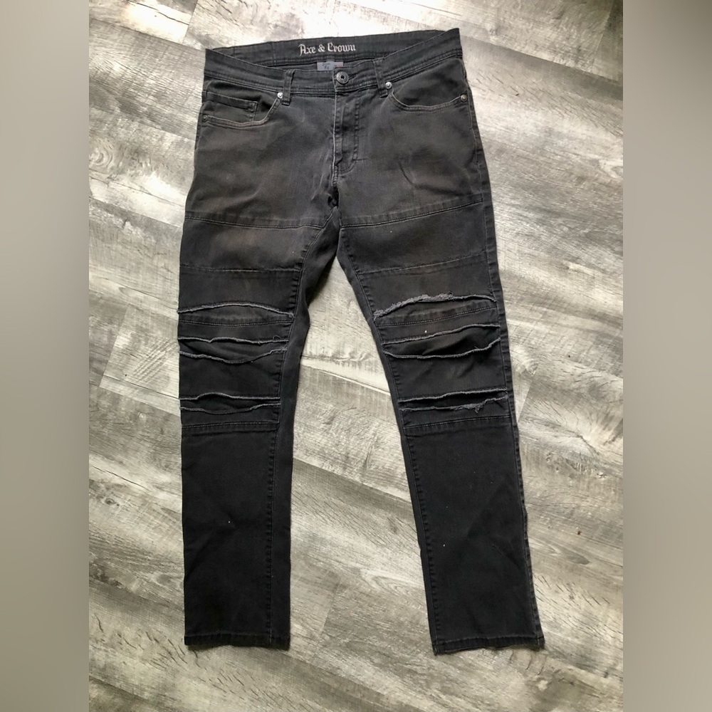 Pace & Crown Black Slim Fit Distressed Men's Jeans Pants - Picture 1 of 5